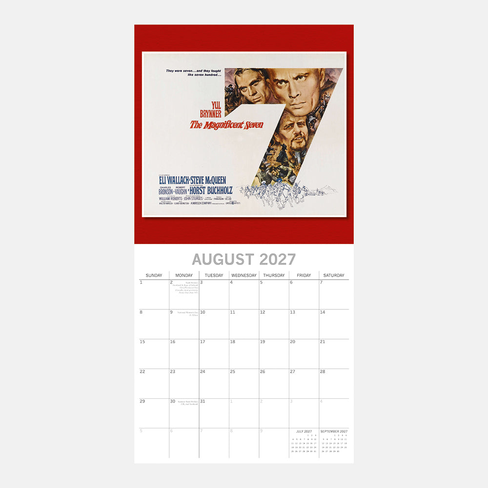 Classic Movie Posters 2027 Square Wall Calendar – August 2027 page featuring The Magnificent Seven vintage movie poster artwork