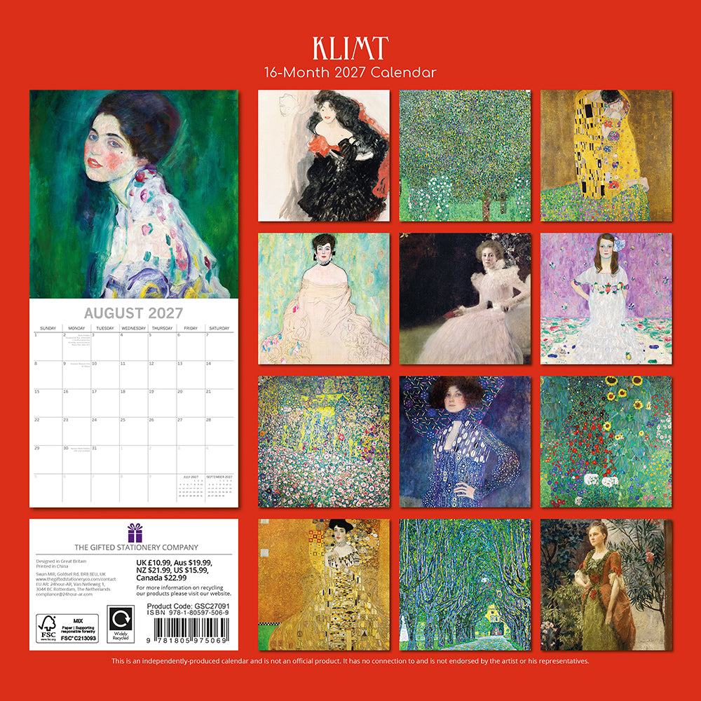 Klimt 2027 Calendar – back cover showing all 16 monthly Klimt artwork thumbnails