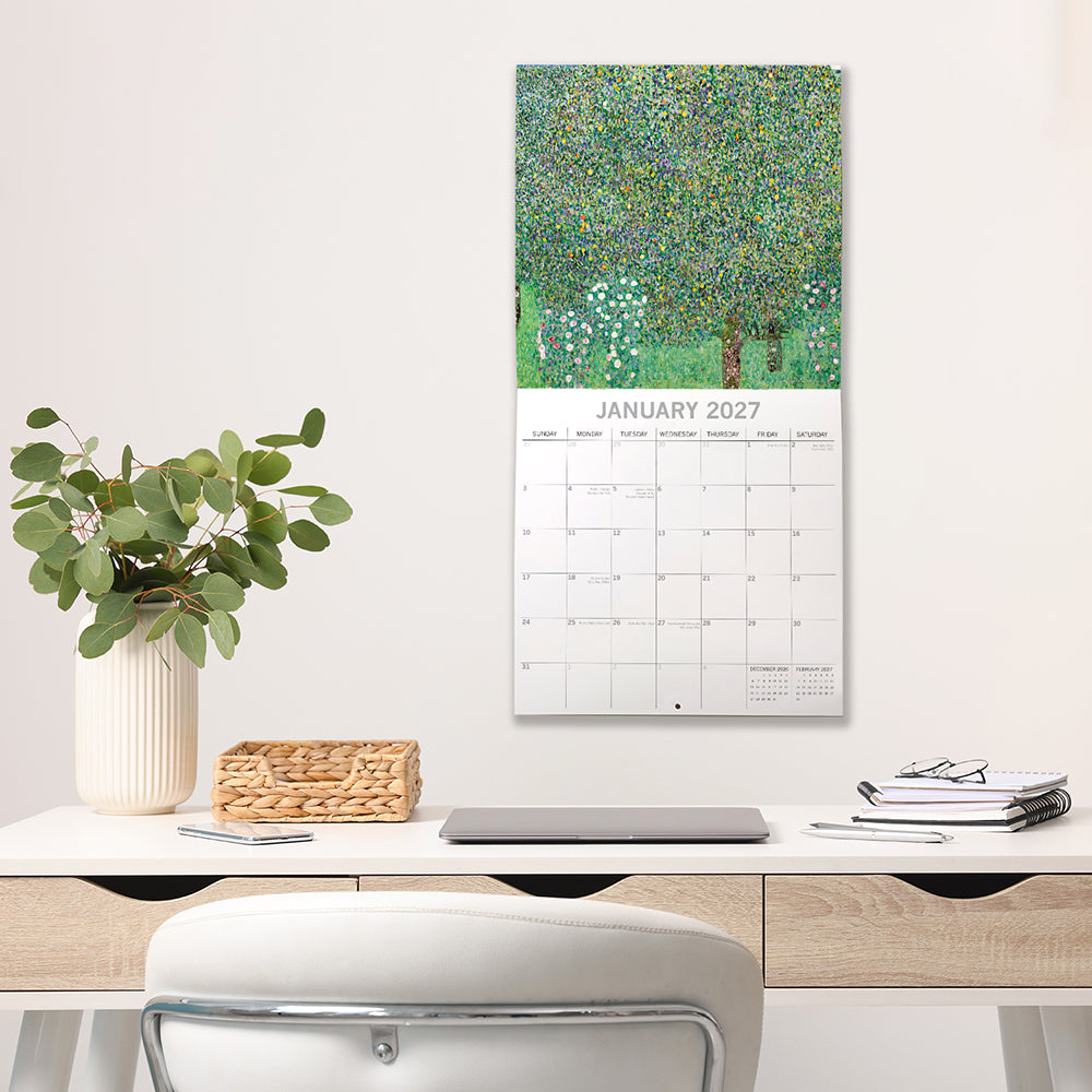 Klimt 2027 Calendar – January 2027 lifestyle shot displayed on wall above desk