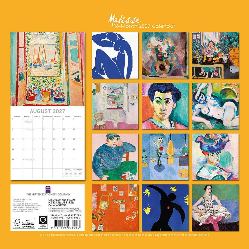 Matisse 2027 Calendar – back cover showing all 16 monthly Matisse artwork thumbnails
