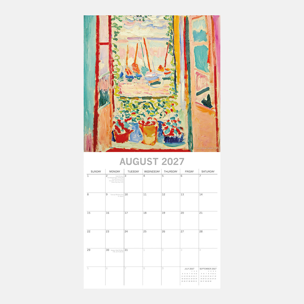 Matisse 2027 Calendar – August 2027 page featuring Open Window Collioure painting