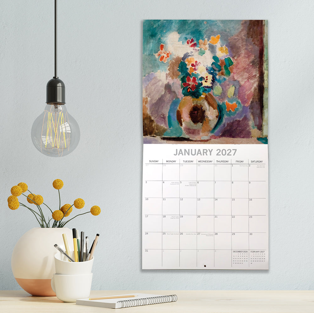 Matisse 2027 Calendar – January 2027 lifestyle shot displayed on wall with floral still life painting