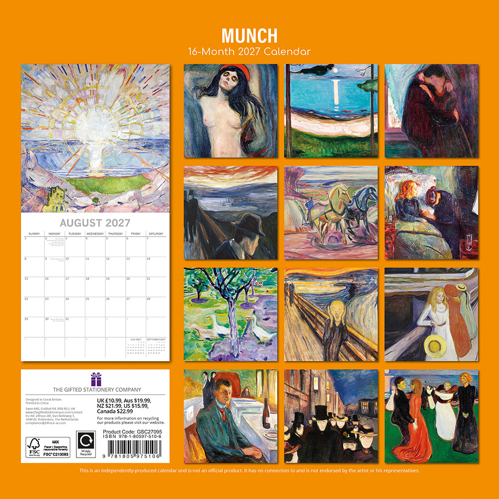 Munch 2027 Calendar – back cover showing all 16 monthly Munch artwork thumbnails including Madonna and The Scream