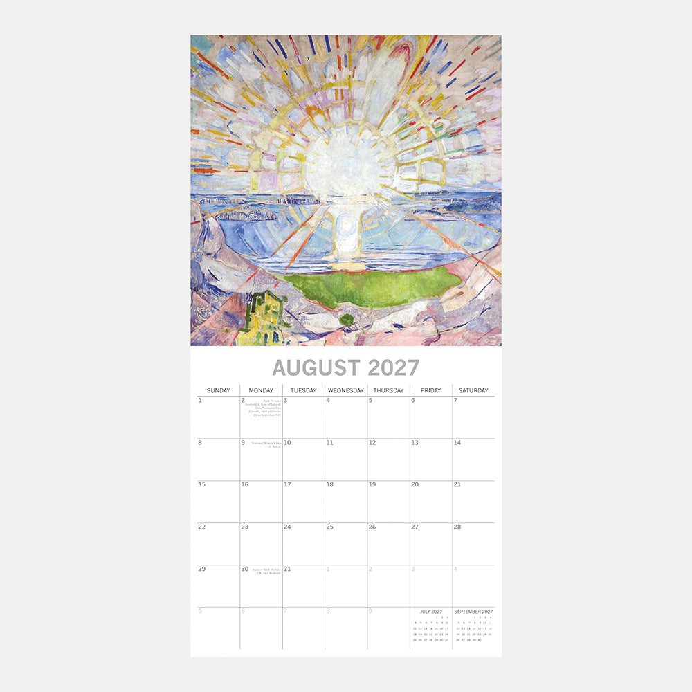 Munch 2027 Calendar – August 2027 page featuring The Sun painting by Edvard Munch