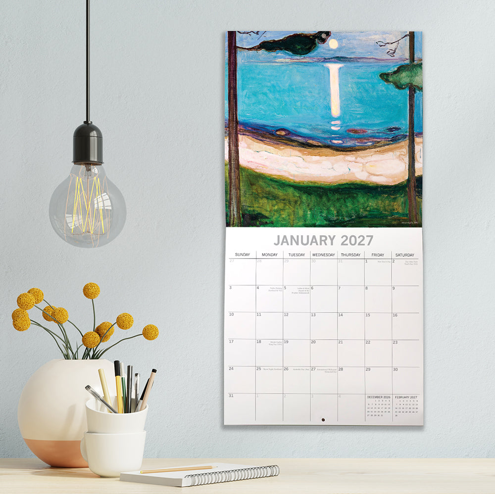 Munch 2027 Calendar – January 2027 lifestyle shot on wall featuring Moonlight Shore painting