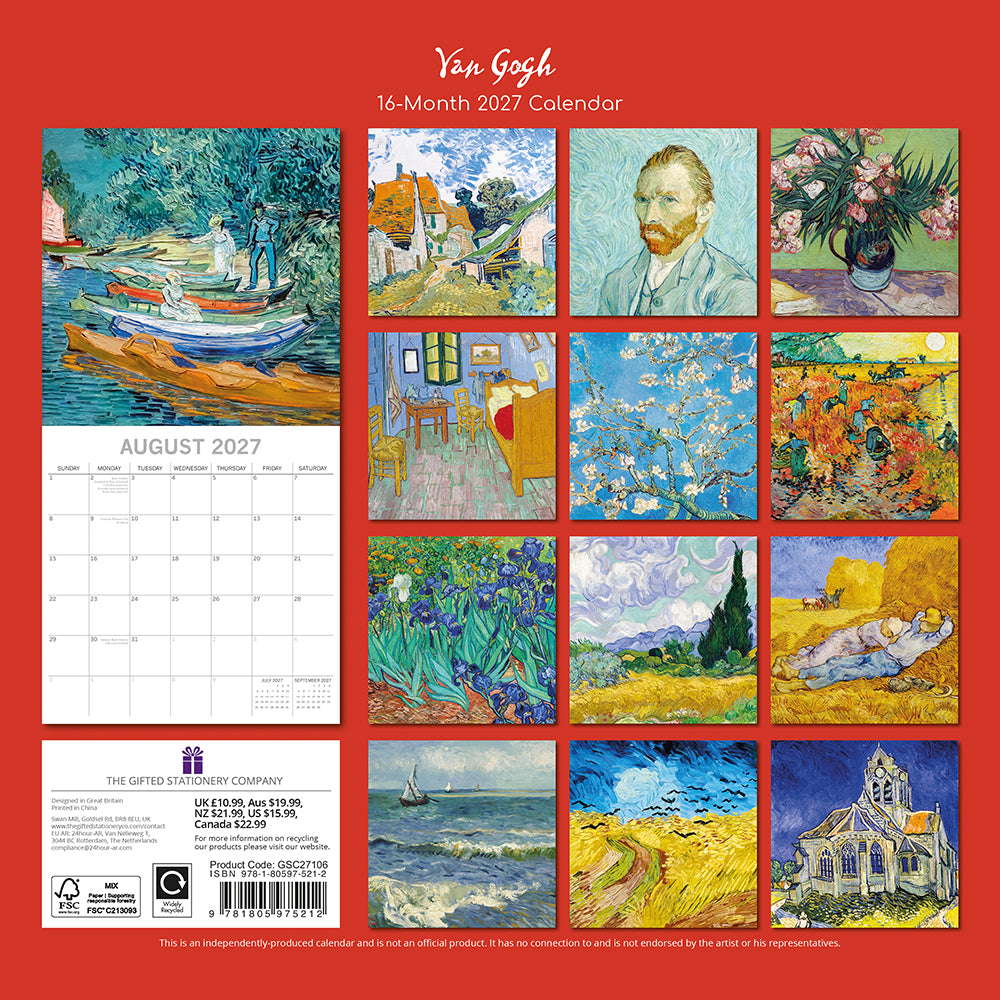Van Gogh 2027 Calendar – back cover showing all 16 monthly Van Gogh artwork thumbnails including Self-Portrait and Irises