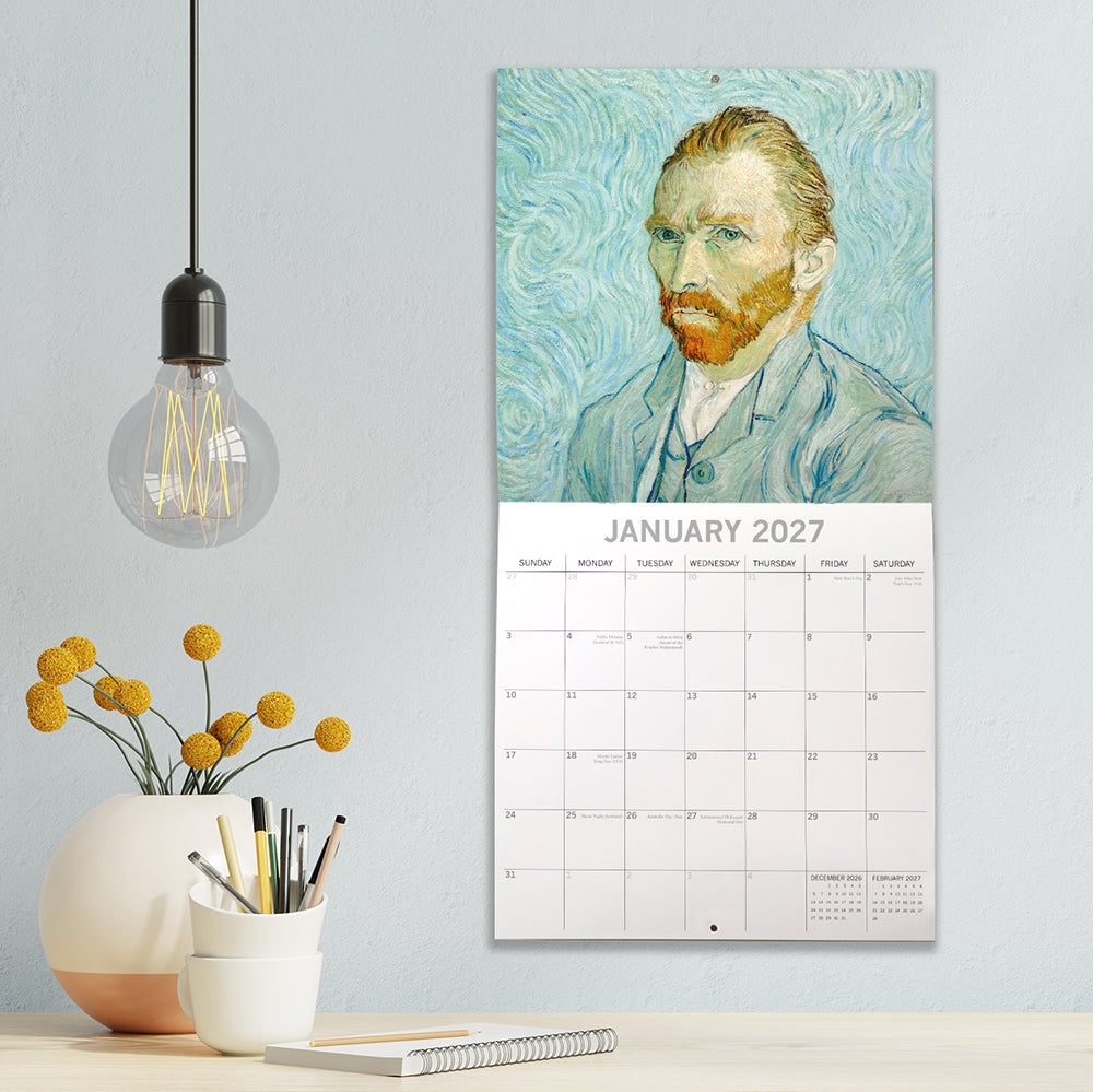 Van Gogh 2027 Calendar – January 2027 lifestyle shot on wall featuring Self-Portrait with swirling blue background