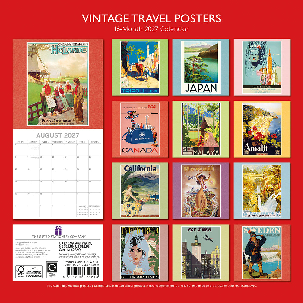 Vintage Travel Posters 2027 Calendar – back cover showing all 16 monthly poster thumbnails including Hawaii, California and Canada