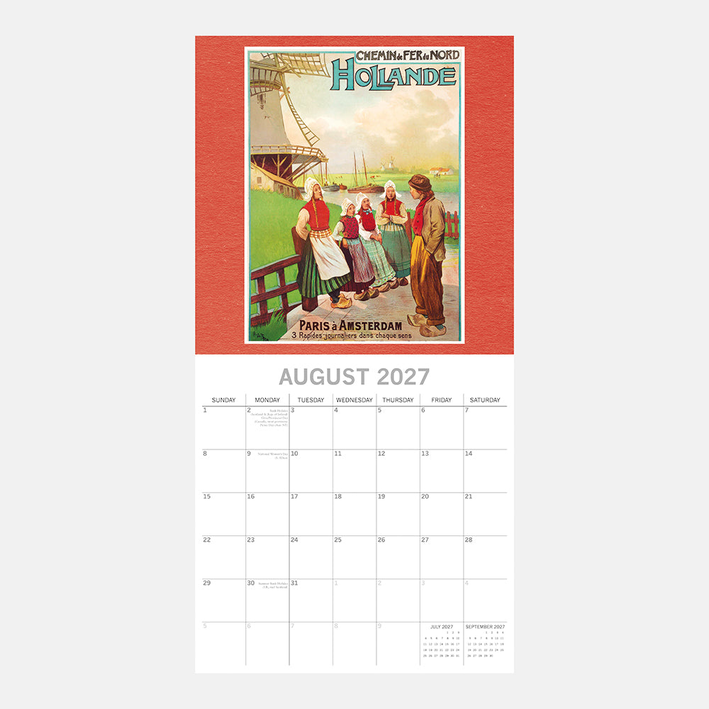 Vintage Travel Posters 2027 Calendar – August 2027 page featuring Paris à Amsterdam Hollande railway poster