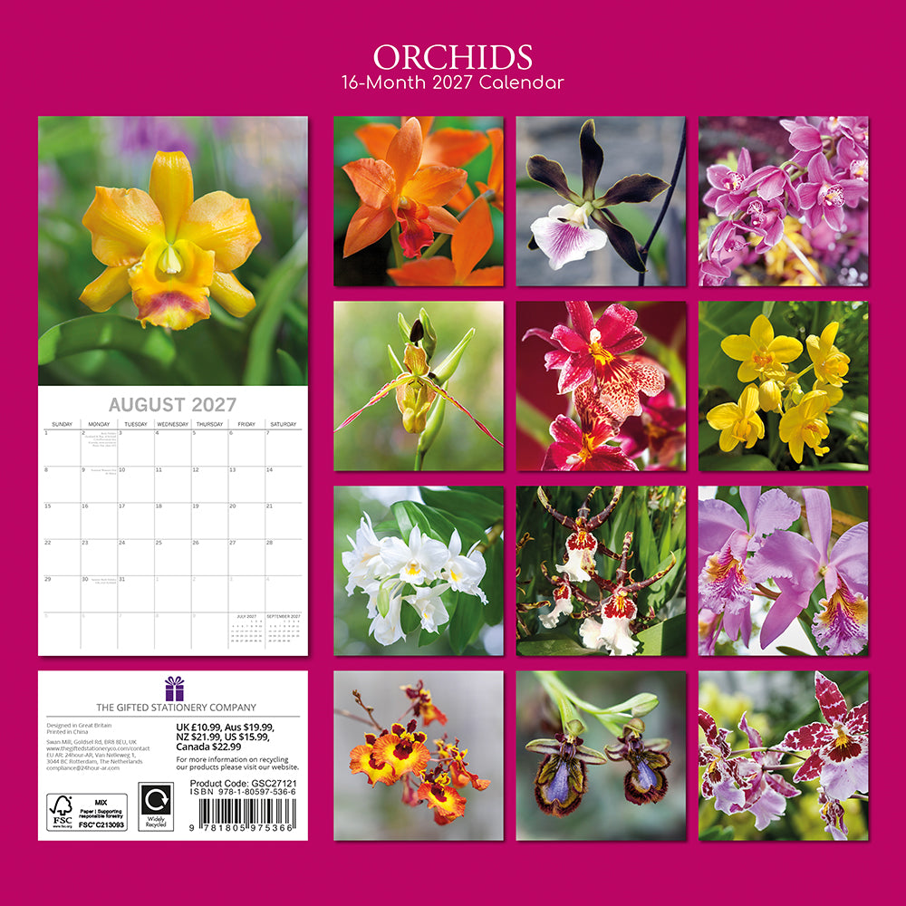 Orchids 2027 Calendar – back cover on magenta background showing all 16 monthly orchid photography thumbnails