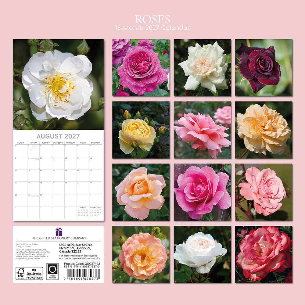 Roses 2027 Square Wall Calendar – back cover showing 12 monthly rose photography previews on pink background