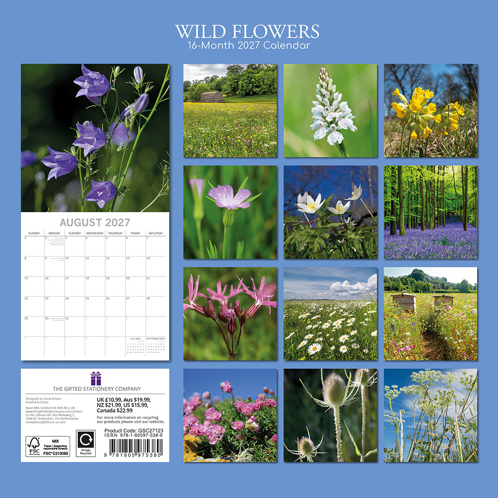 Wild Flowers 2027 Calendar – back cover on blue background showing all 16 monthly wildflower thumbnails including bluebells, harebells and teasels