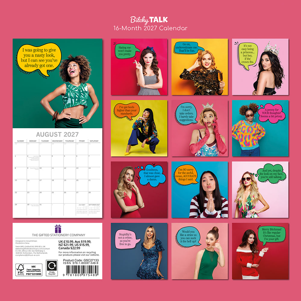 Bitchy Talk 2027 Square Wall Calendar – back cover showing all 12 monthly sassy quote images with product details on pink background