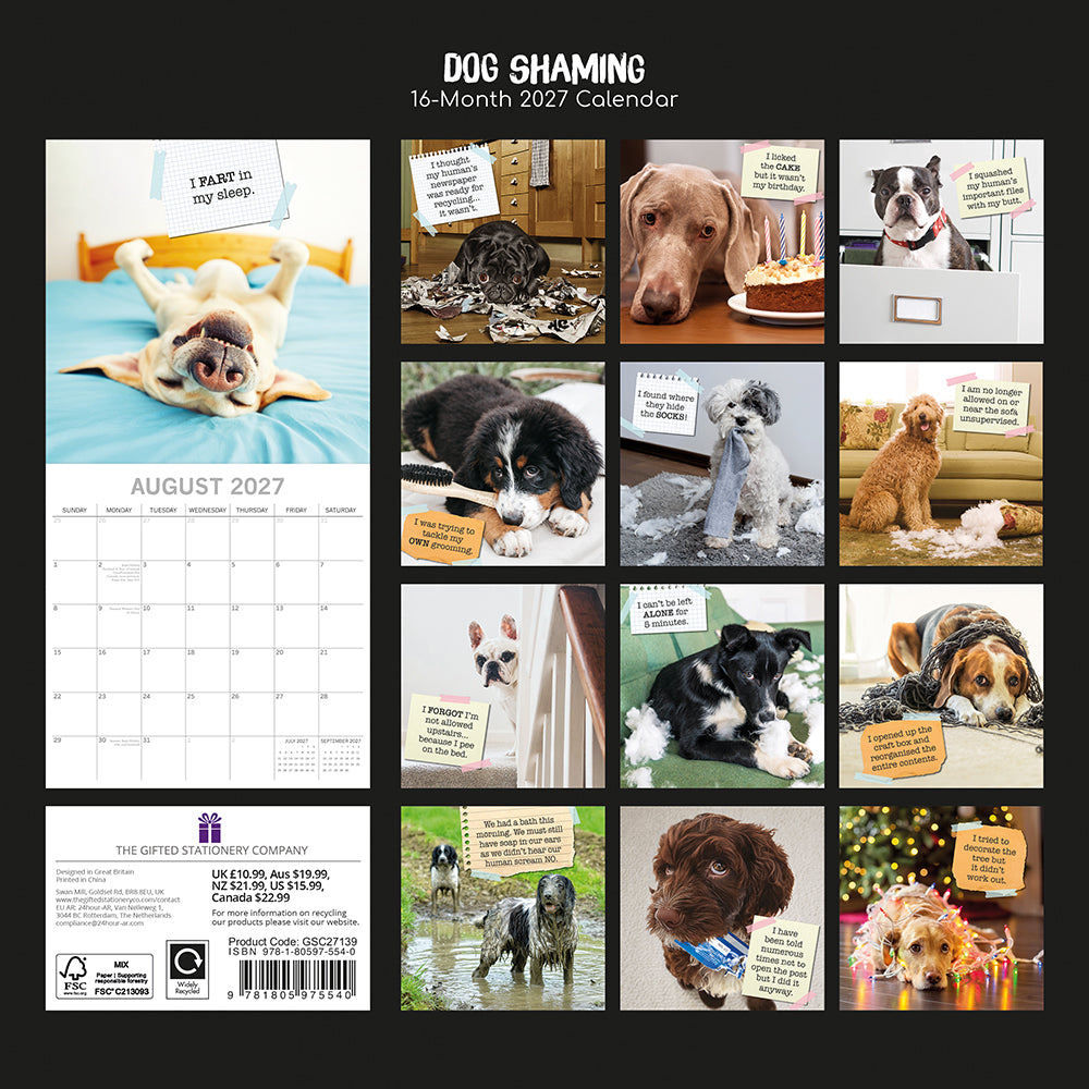 Dog Shaming 2027 Calendar – back cover showing all 16 monthly guilty dog thumbnails with confession notes including I FART in my sleep and I licked the CAKE