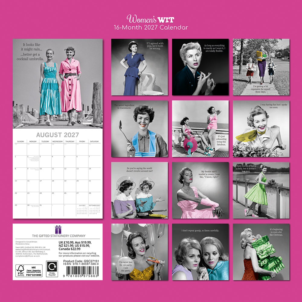 Women's Wit 2027 Calendar – back cover on hot pink background showing all 16 monthly witty vintage photo thumbnails with quotes