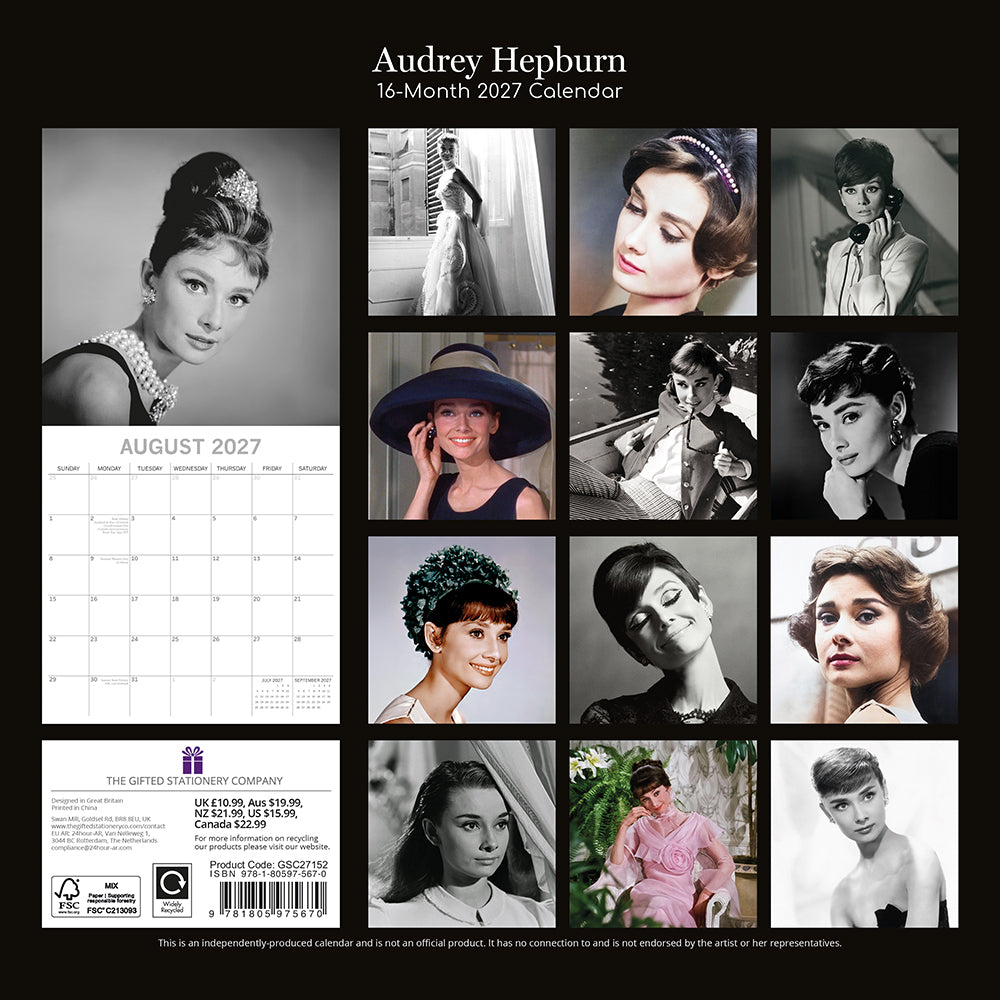 Audrey Hepburn 2027 Square Wall Calendar - Back cover showing 16-month thumbnail grid of iconic Audrey Hepburn photography
