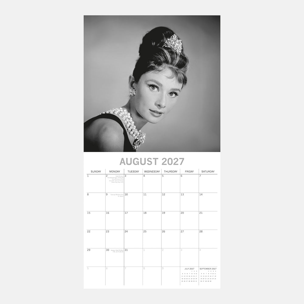 Audrey Hepburn 2027 Square Wall Calendar - August 2027 month page with classic black and white Audrey Hepburn portrait