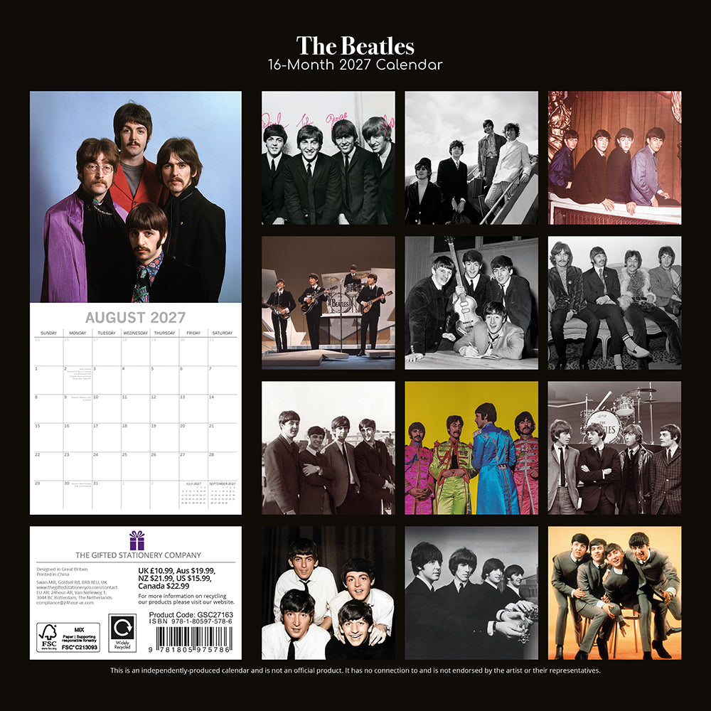 The Beatles 2027 Square Wall Calendar – back cover showing 12 monthly classic Beatles photography previews on black background with product details