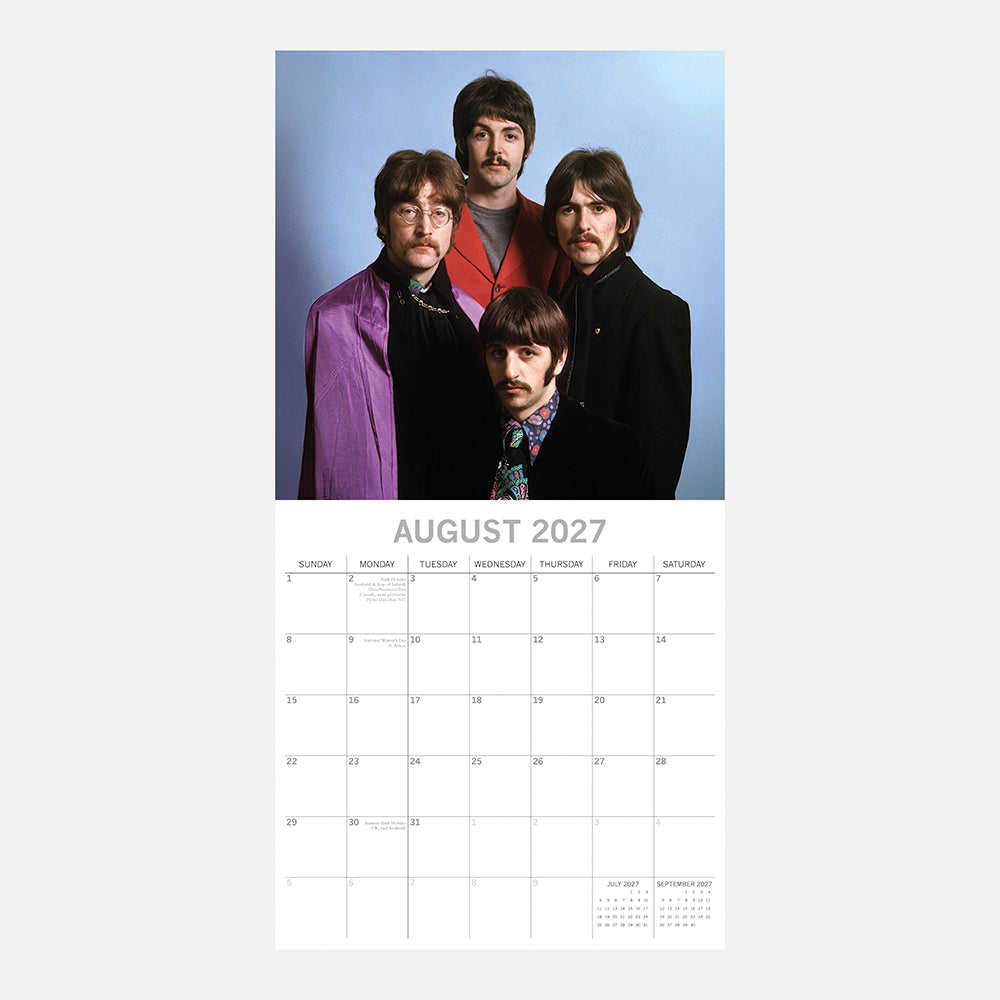 The Beatles 2027 Square Wall Calendar – August 2027 page featuring a colour portrait of all four Beatles in psychedelic era clothing on blue background