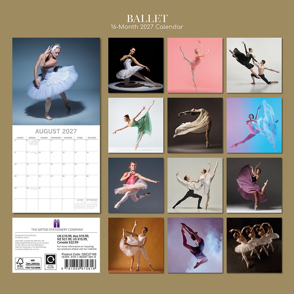 Ballet 2027 Square Wall Calendar - Back cover showing 16-month thumbnail grid of vibrant ballet and contemporary dance photography