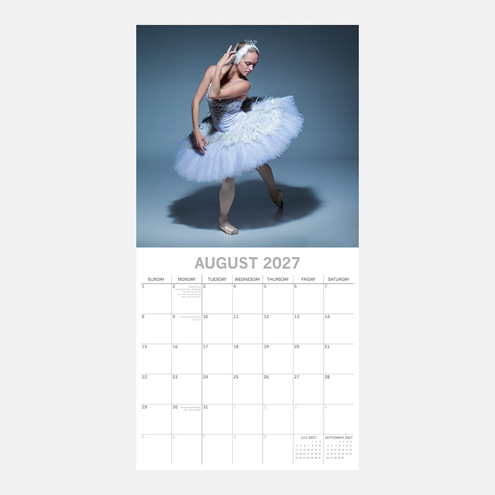 Ballet 2027 Square Wall Calendar - August 2027 month page with a ballerina in a white Swan Lake tutu on blue background