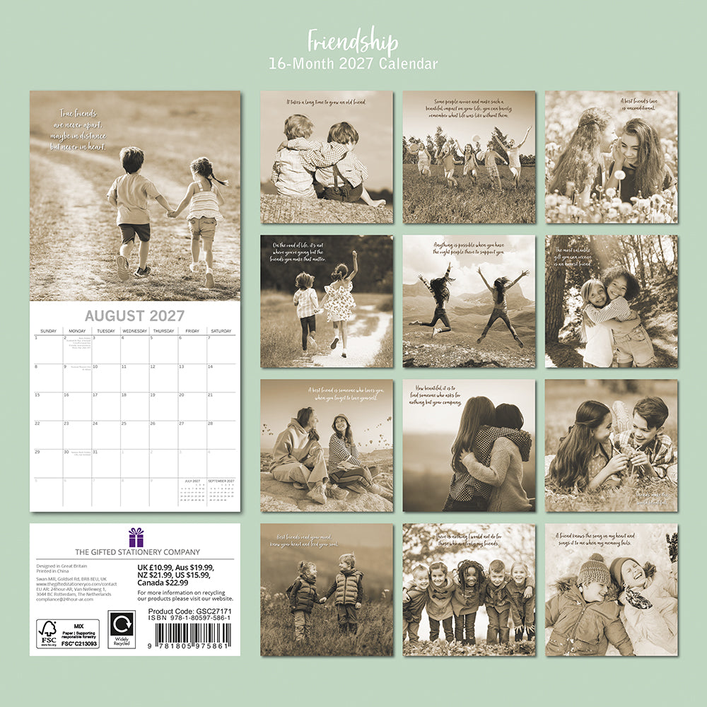 Friendship 2027 Square Wall Calendar – back cover showing 12 monthly sepia friendship photography previews on sage green background with product details