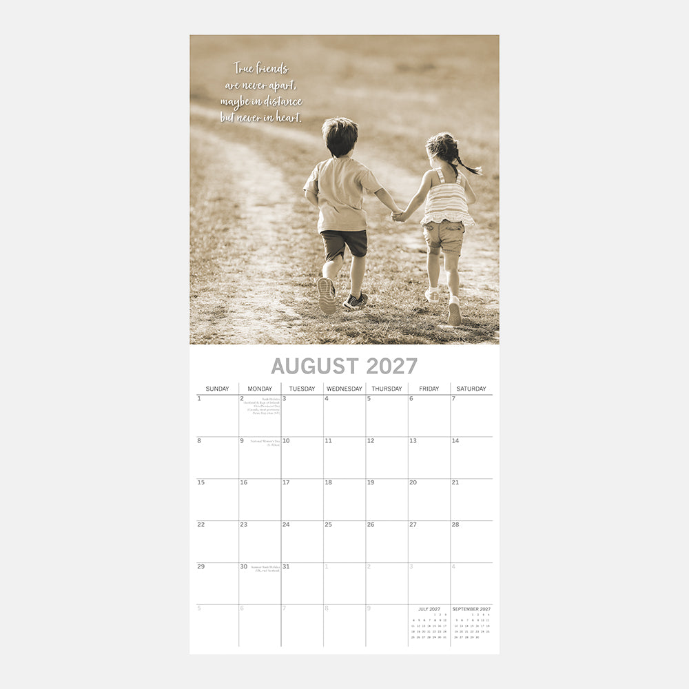 Friendship 2027 Square Wall Calendar – August 2027 page featuring two children holding hands running down a country path with the quote True friends are never apart, maybe in distance but never in heart
