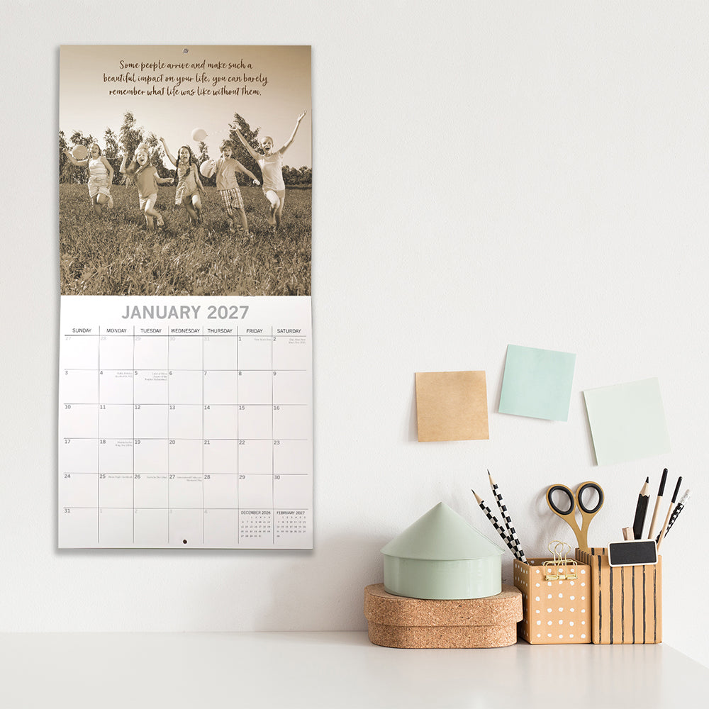 Friendship 2027 Square Wall Calendar – January 2027 lifestyle shot featuring a group of children running through a field with the quote Some people arrive and make such a beautiful impact on your life