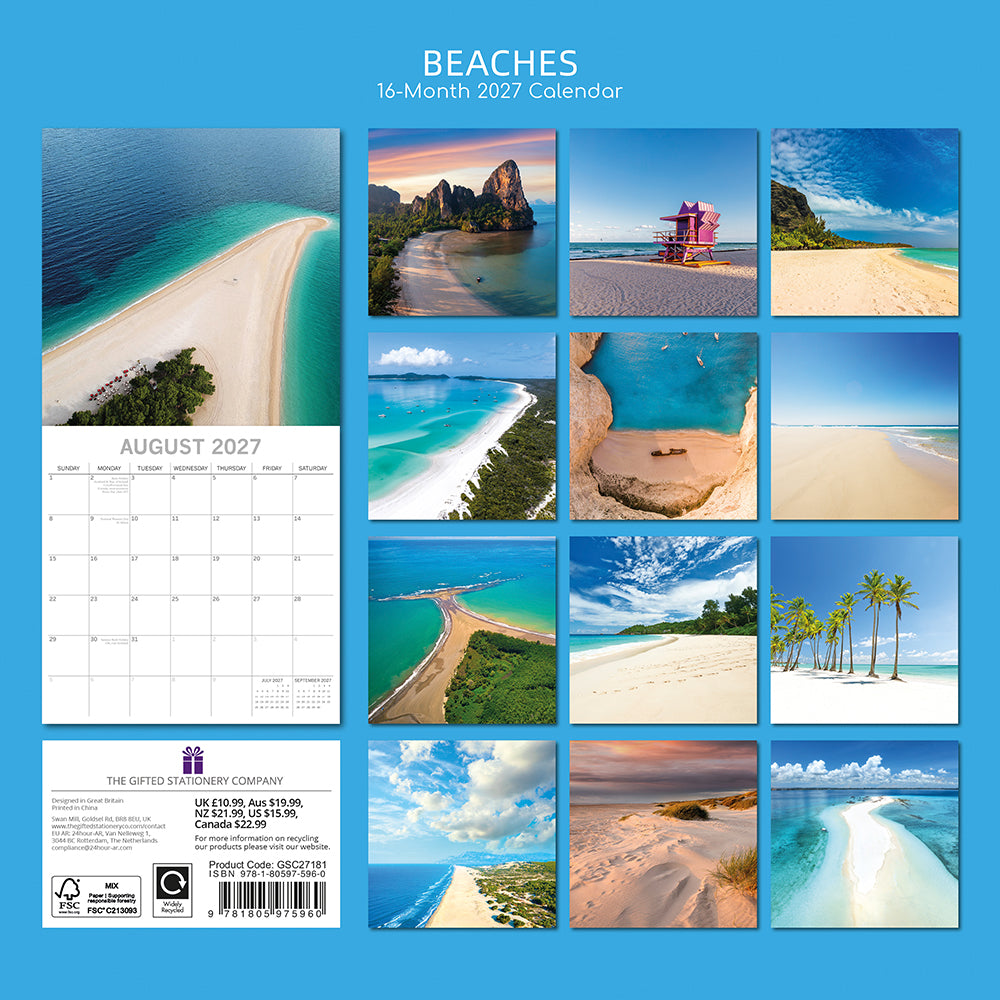 Beaches 2027 Calendar - back cover showing all 16 monthly beach photos including Thailand, Croatia, Maldives, Miami and Caribbean, product code GSC27181