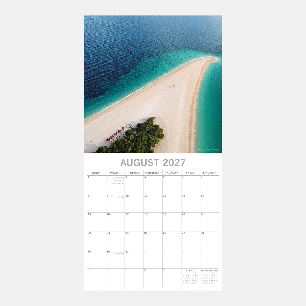 Beaches 2027 Calendar - August 2027 page with aerial view of Golden Horn Beach, Croatia, showing dramatic sand spit between turquoise waters