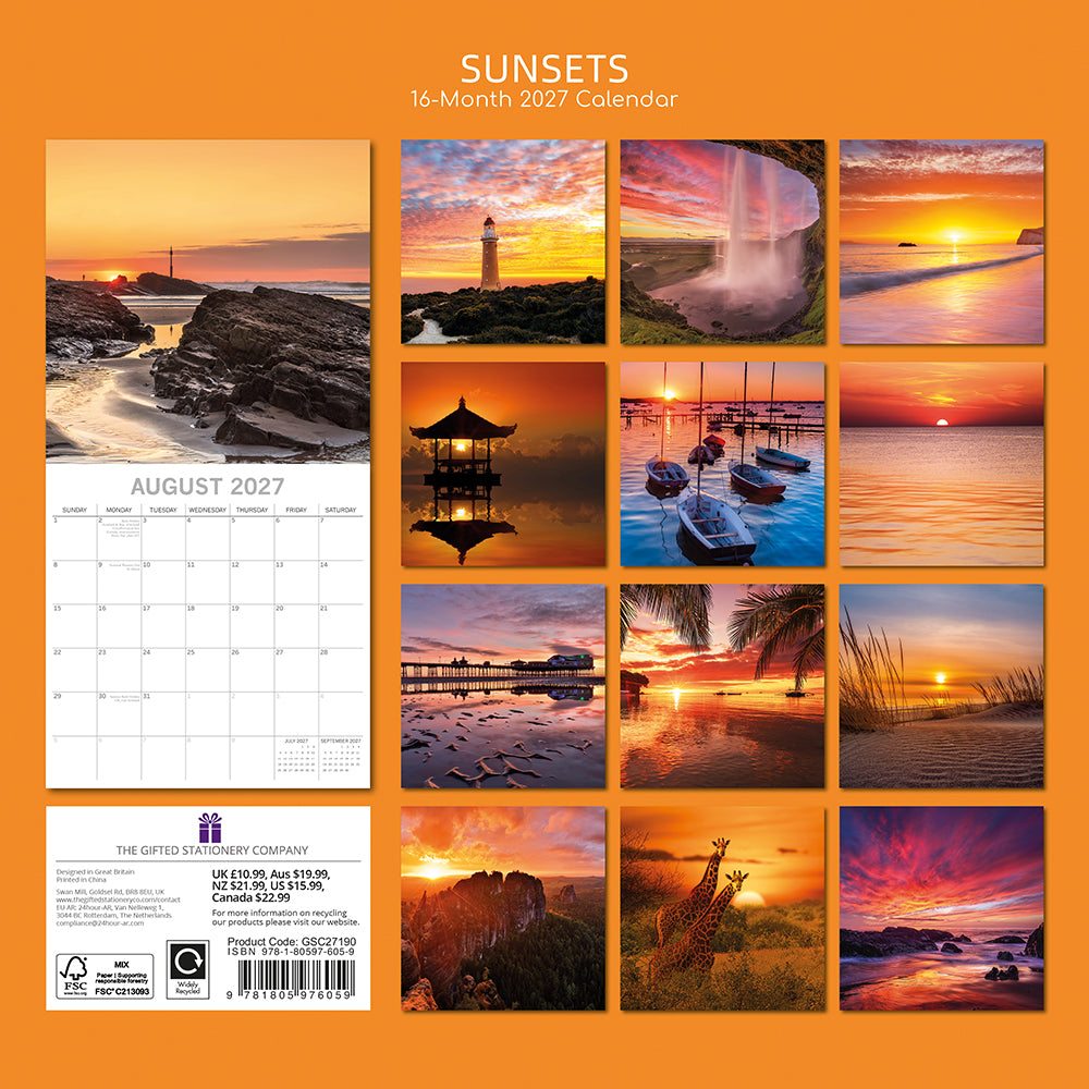 Sunsets 2027 Calendar – back cover on orange background showing all 16 monthly sunset thumbnails including lighthouse, Balinese pagoda, giraffes, Icelandic waterfall and tropical shore