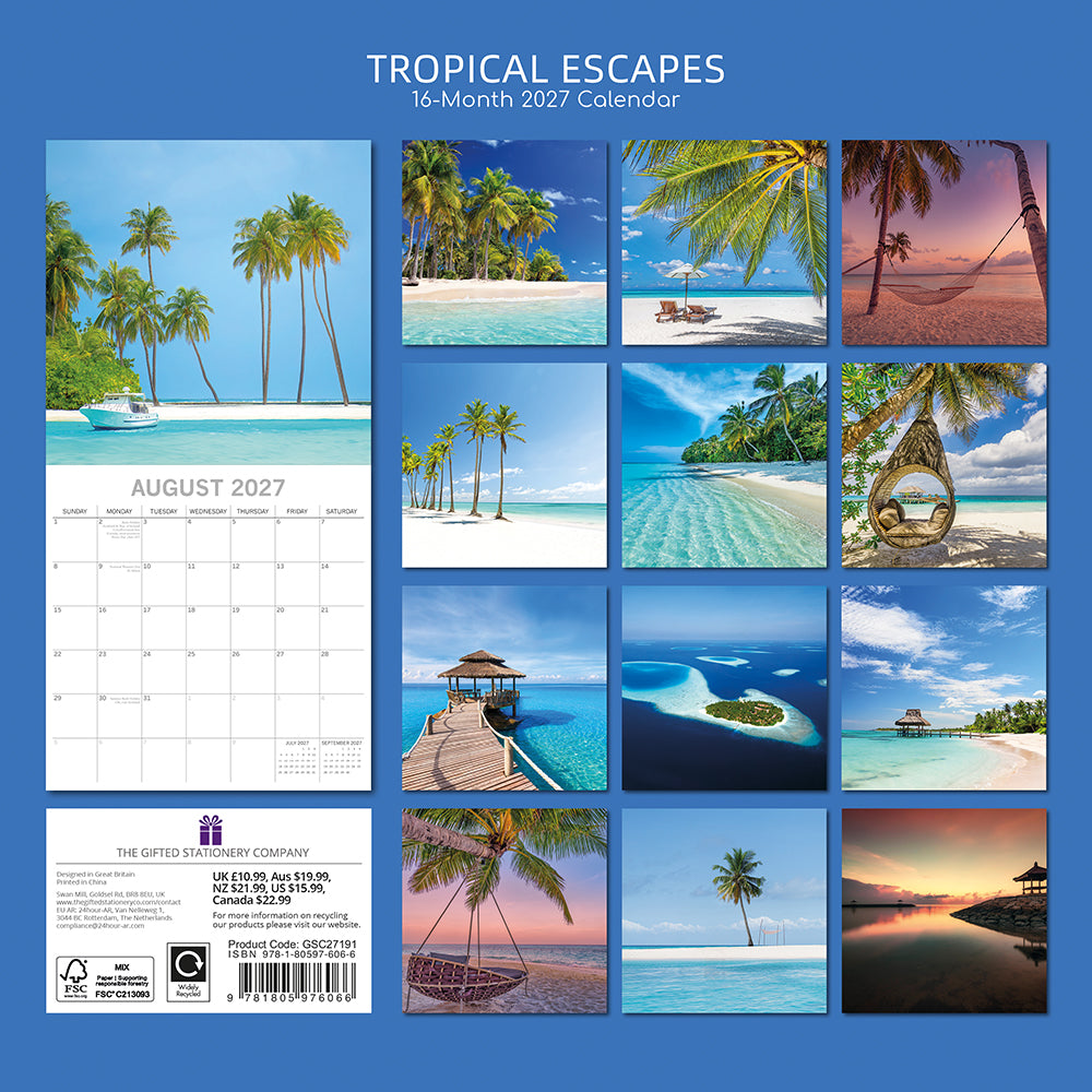 Tropical Escapes 2027 Calendar – back cover on cobalt blue background showing all 16 monthly tropical thumbnails including Maldives, Caribbean beach, hammock at sunset and Balinese gazebo