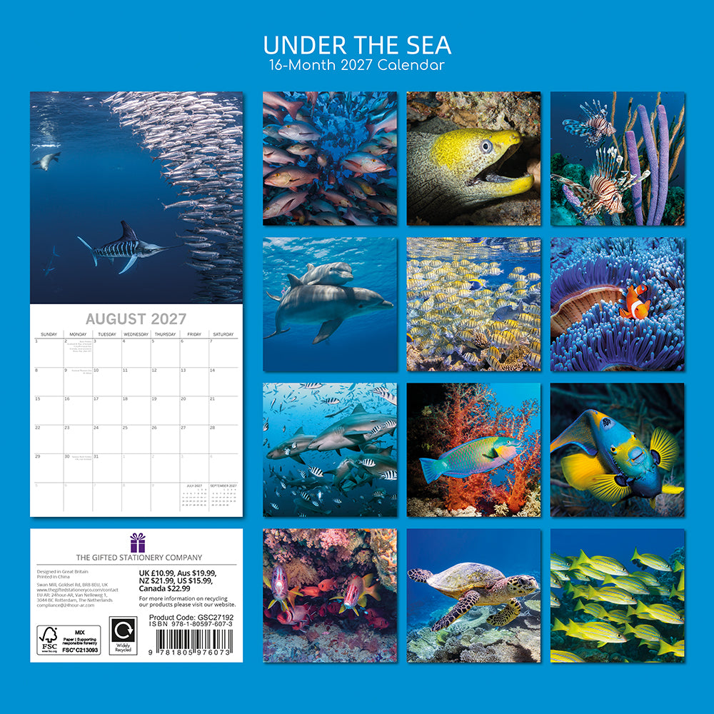 Under the Sea 2027 Square Wall Calendar - Back cover showing 16-month thumbnail grid of underwater marine photography