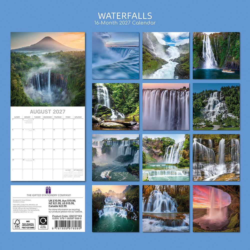 Waterfalls 2027 Calendar – back cover on sky blue background showing all 16 monthly waterfall thumbnails including Niagara Falls, Victoria Falls, New Zealand cascade, Norway and Taiwan waterfalls