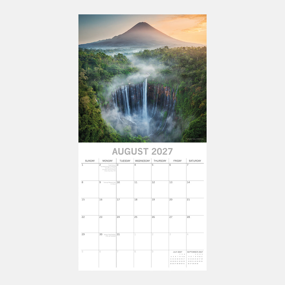 Waterfalls 2027 Calendar – August 2027 page featuring aerial view of Tumpak Sewu waterfall in Java Indonesia with volcanic mountain and jungle gorge at golden hour