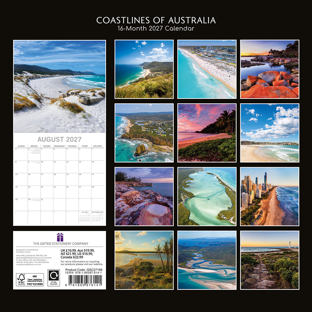 Coastlines of Australia 2027 Calendar - back cover showing all 16 monthly coastal photos including Gold Coast, Bay of Fires, Surfers Paradise and tropical inlets, product code GSC27199