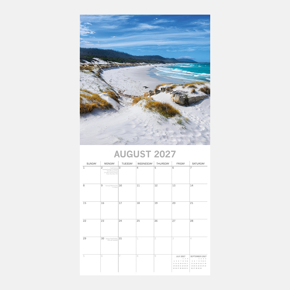 Coastlines of Australia 2027 Calendar - August 2027 page with white sand dunes and turquoise sea at a remote Tasmanian beach
