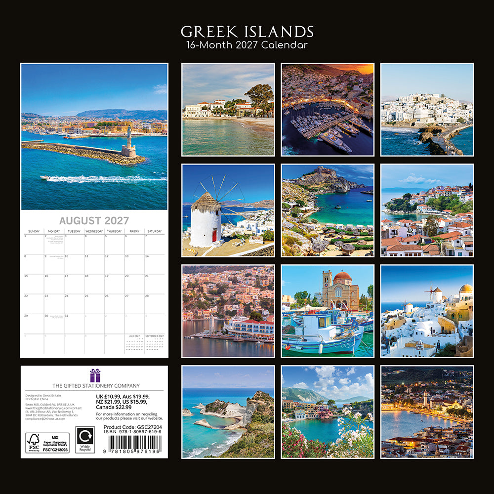 Greek Islands 2027 Calendar - back cover on black background showing all 16 monthly photos including Chania Harbour Crete, Hydra marina at sunset, Rhodes acropolis, Symi harbour, Mykonos windmill, Aegina church and Kefalonia cove, product code GSC27204, ISBN 9781805976196, AU $19.99