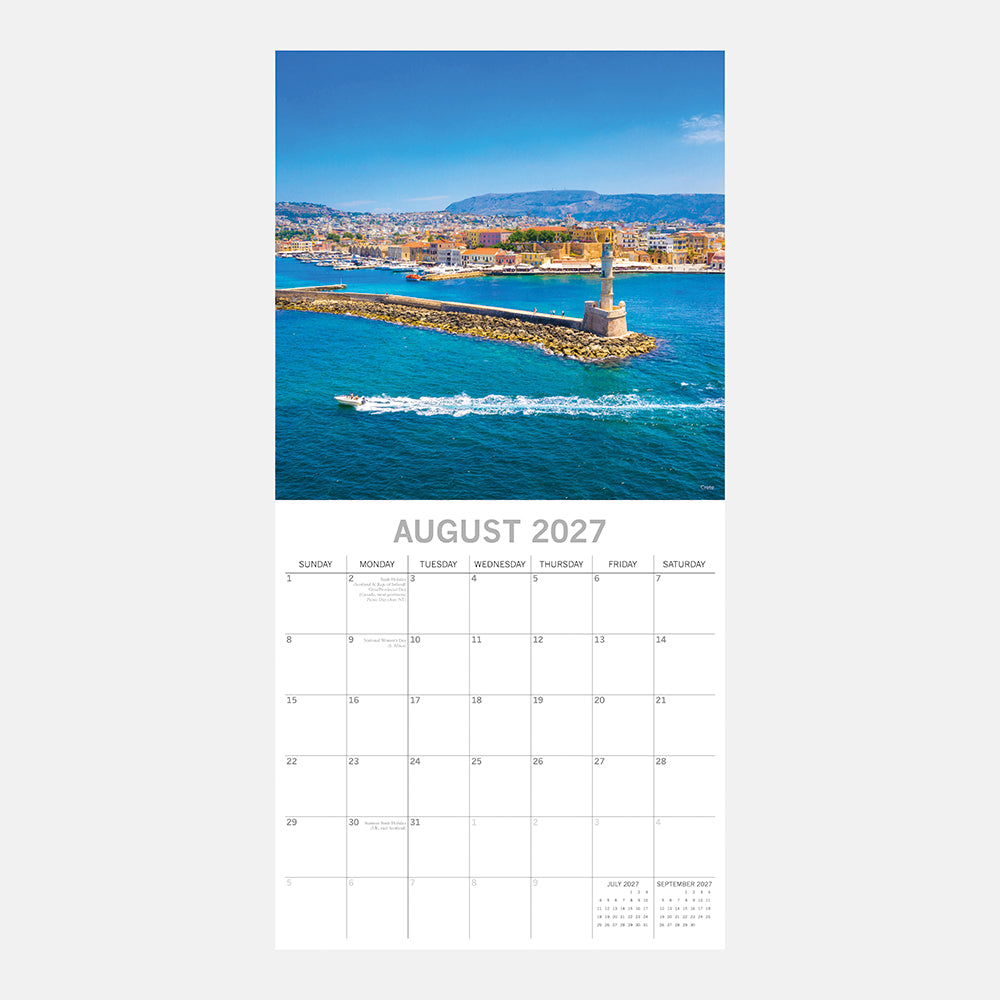 Greek Islands 2027 Calendar - August 2027 page with aerial view of Chania Old Harbour in Crete showing Venetian lighthouse on rocky breakwater with turquoise water and city behind