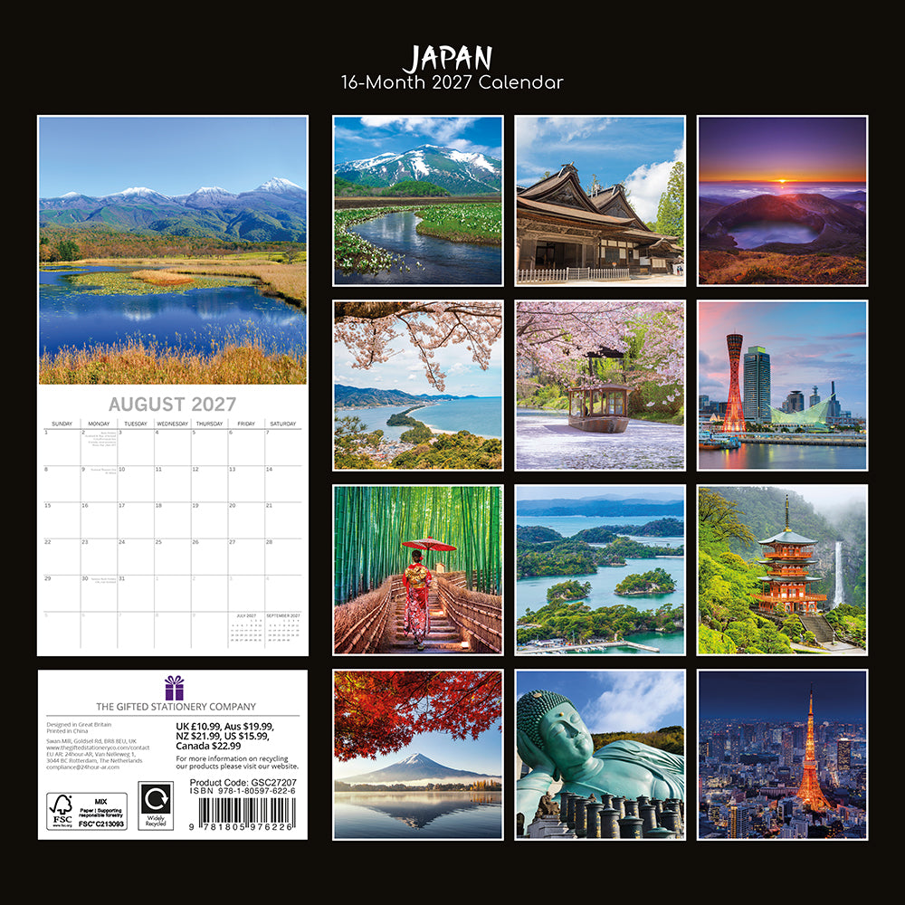 Japan 2027 Calendar - back cover showing all 16 monthly photos including Hokkaido wetlands, cherry blossoms, Arashiyama bamboo, Tokyo Tower, Great Buddha of Kamakura, Kobe Port Tower and volcanic crater lake, product code GSC27207