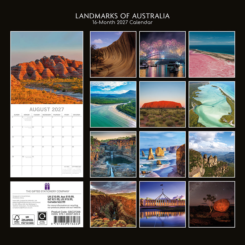 Landmarks of Australia 2027 Square Wall Calendar - Back cover showing 16-month thumbnail grid featuring Wave Rock, Sydney Harbour fireworks, Lake Hillier, Bungle Bungles, Twelve Apostles, Blue Mountains and more
