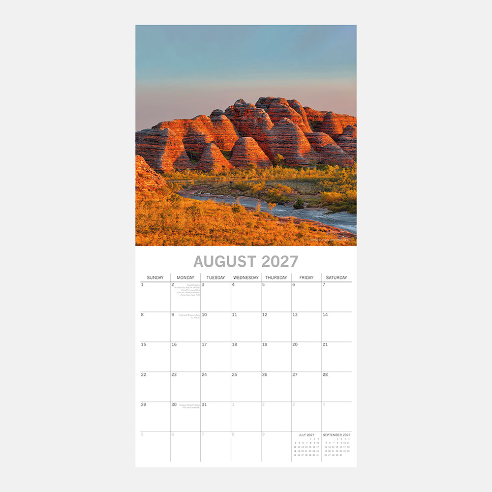 Landmarks of Australia 2027 Square Wall Calendar - August 2027 month page featuring the Bungle Bungles beehive domes in Purnululu National Park, Western Australia