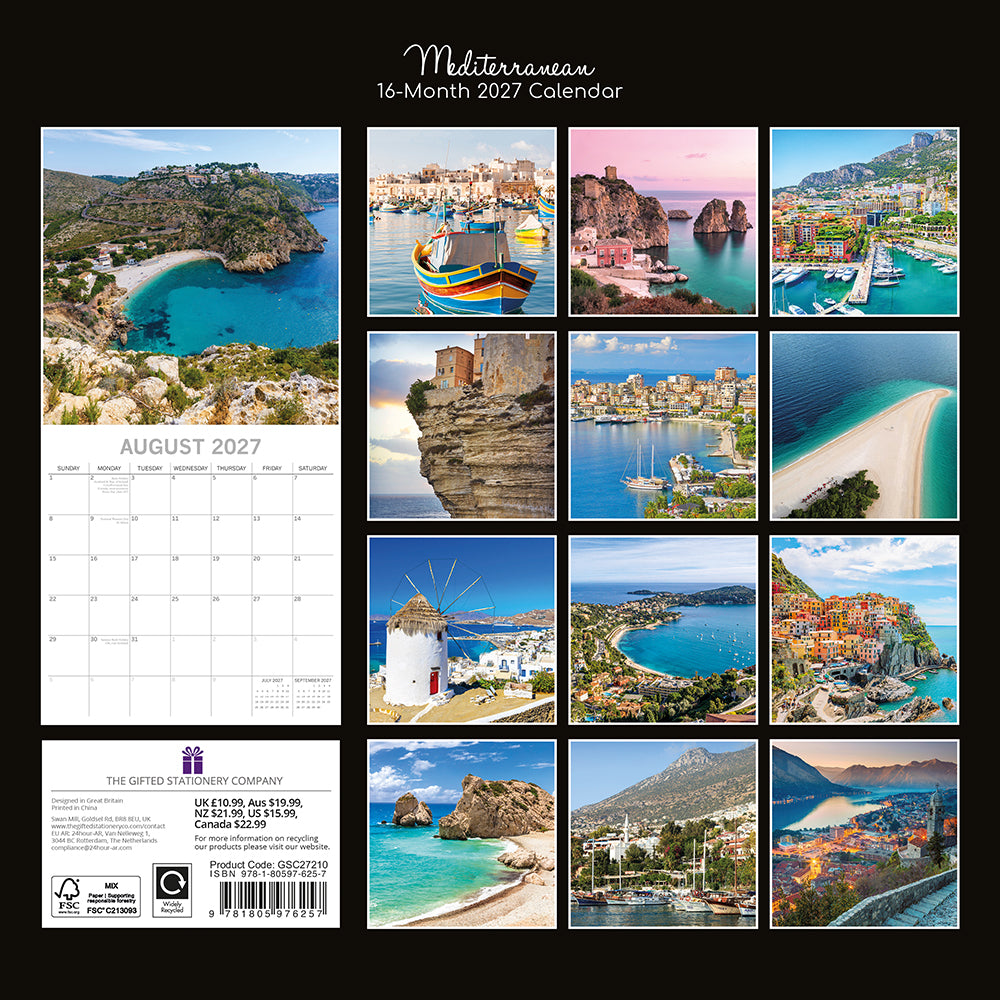 Mediterranean 2027 Square Wall Calendar - Back cover showing 16-month thumbnail grid of Mediterranean coastal and village photography