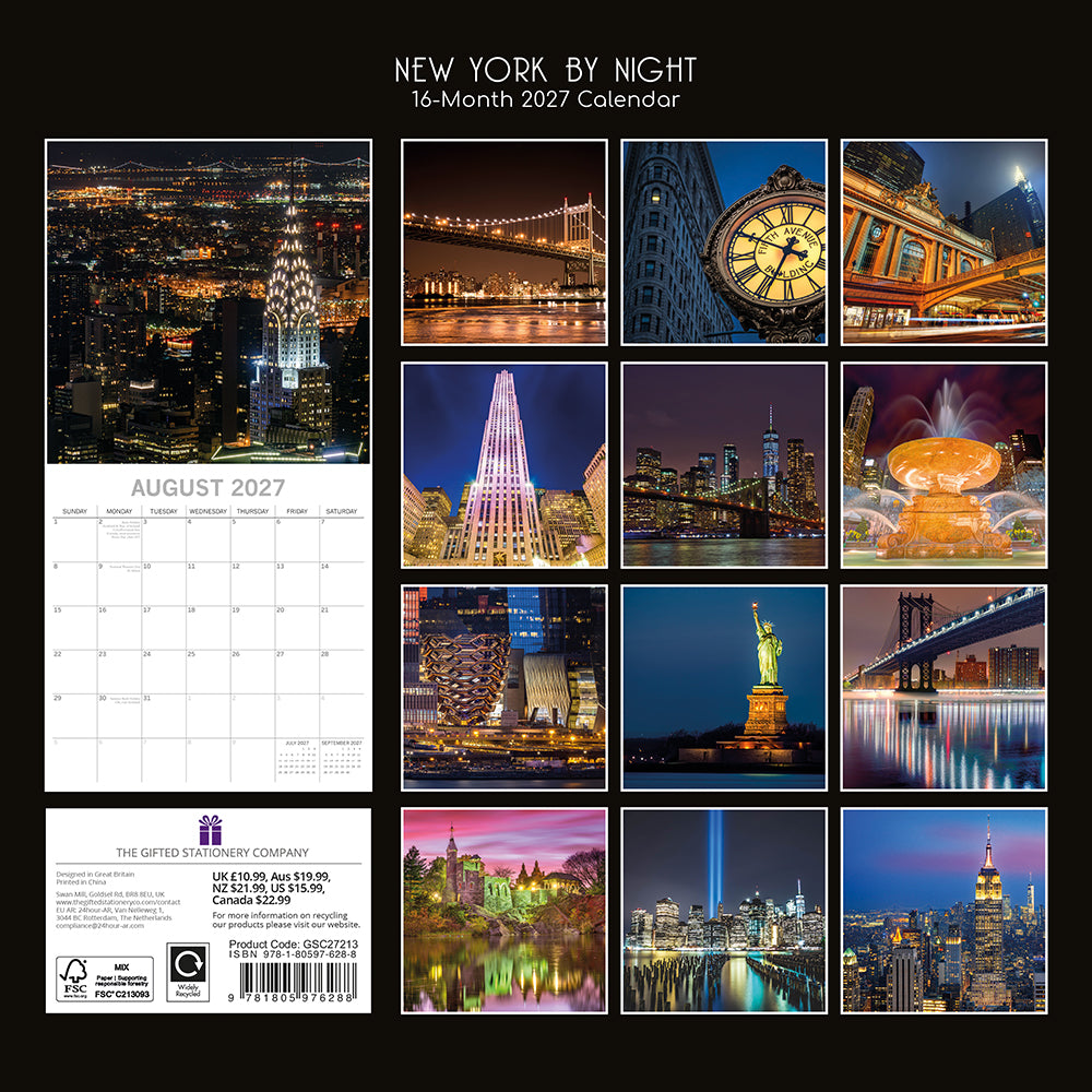 New York By Night 2027 Calendar – back cover on black background showing all 16 monthly NYC night photography thumbnails including Chrysler Building, Rockefeller Center, Statue of Liberty, Flatiron clock, Grand Central, Vessel, Tribute in Light and Empire State Building