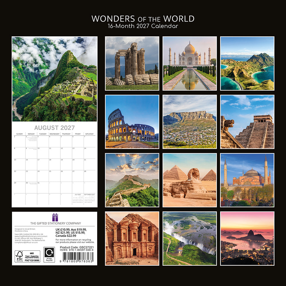 Wonders of the World 2027 Square Wall Calendar – back cover showing 12 monthly world landmark photography previews on black background