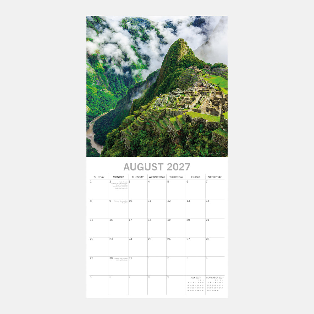 Wonders of the World 2027 Square Wall Calendar – August 2027 page featuring an aerial view of Machu Picchu surrounded by clouds in Peru