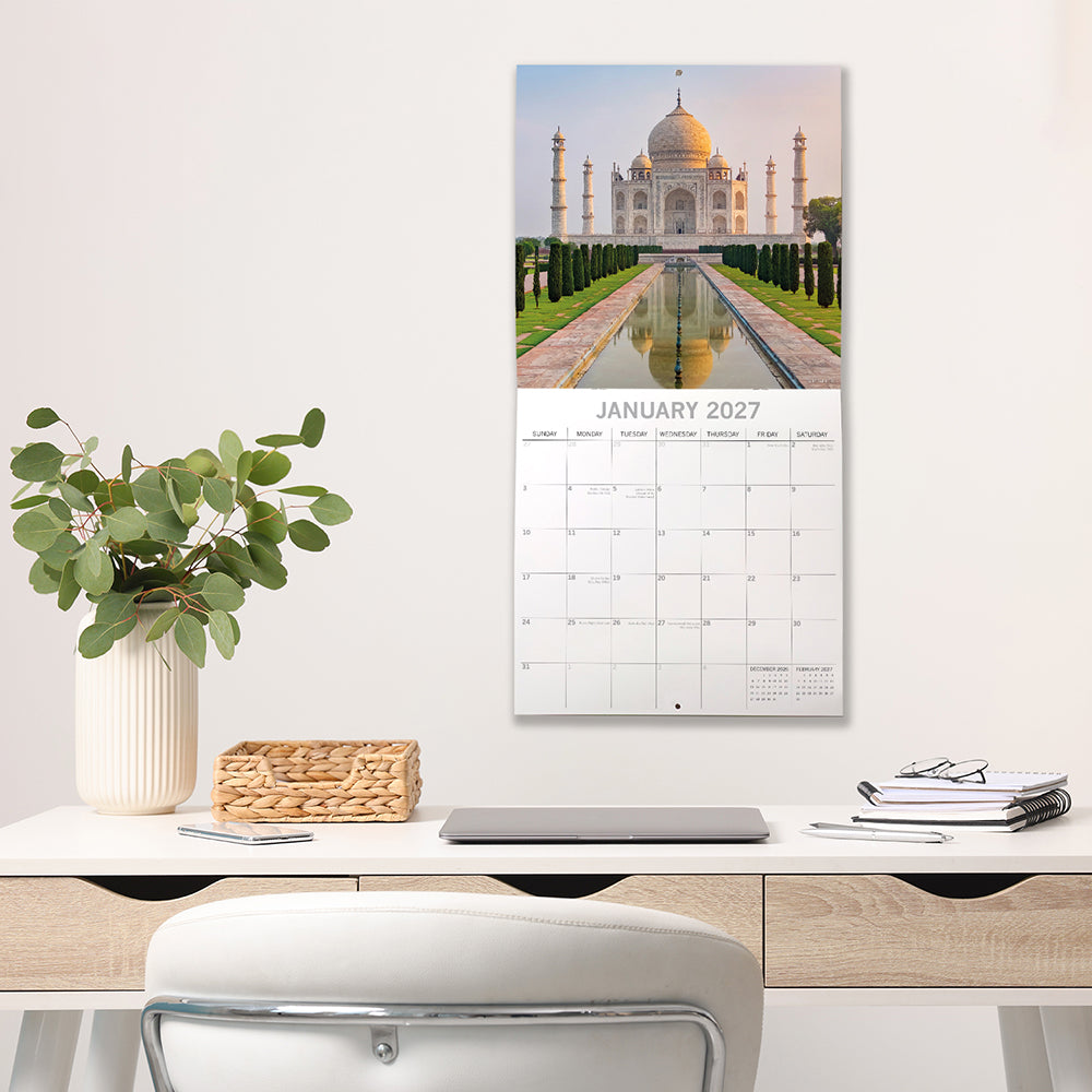 Wonders of the World 2027 Square Wall Calendar – January 2027 lifestyle shot featuring the Taj Mahal at dawn displayed on a modern home office wall