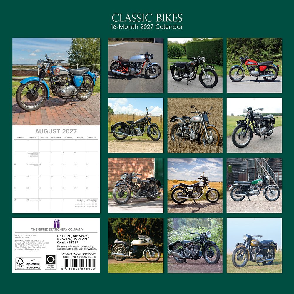 Classic Bikes 2027 Square Wall Calendar – back cover showing 12 monthly classic motorcycle photography previews on dark green background with product details
