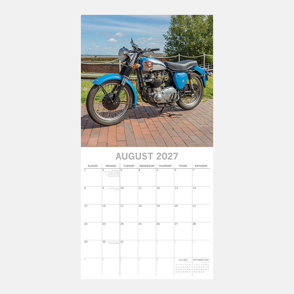 Classic Bikes 2027 Square Wall Calendar – August 2027 page featuring a blue BSA A10 Golden Flash classic motorcycle on a brick courtyard