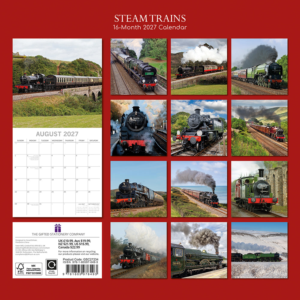 Steam Trains 2027 Square Wall Calendar – back cover showing 12 monthly steam train photography previews on red background